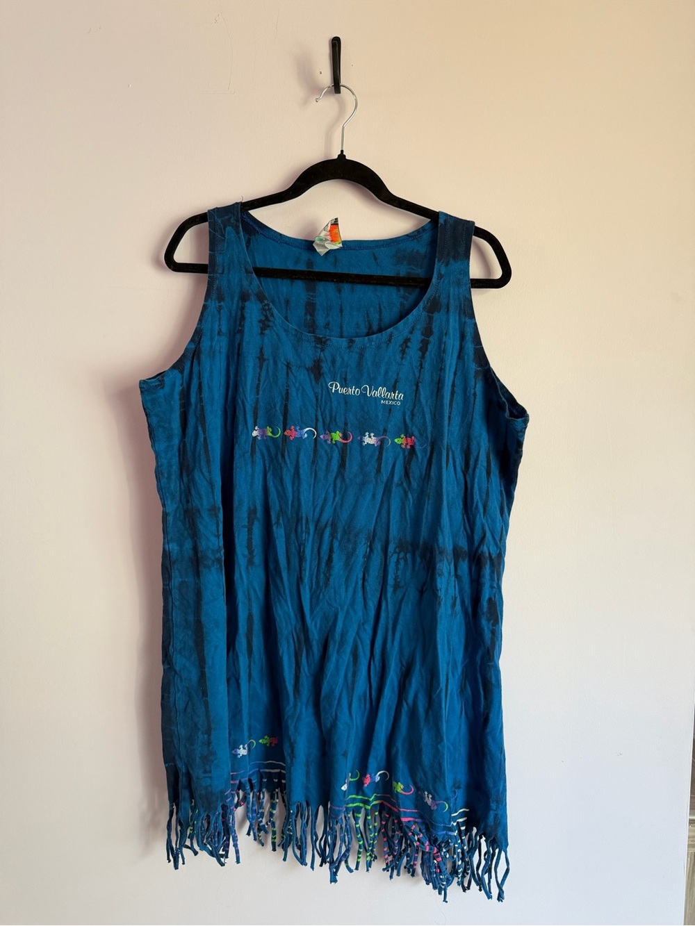 90’s Vintage Neon Beachwear Mexico Tie-Dye Fringe Beach Coverup Gecko XL